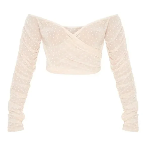 PrettyLittleThing • Nude polka dot sheet Bardot crop top - Picture 5 of 5